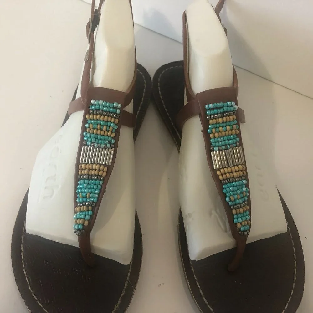 Roxy Sandals T-Strap Women's Size 7/7.5 Brown Multicolor Beading Leather